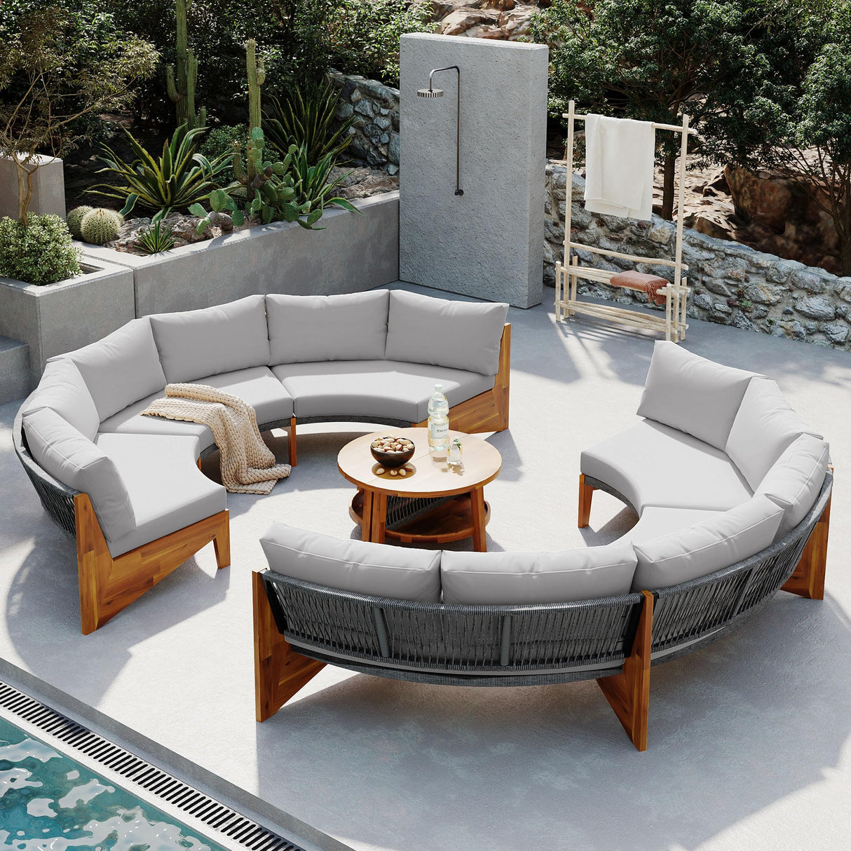 6-Person Outdoor Seating Group with Coffee Table, Half Moon Patio Sectional Sofa Set, All Weather Conversation Sofa Set with Acacia Wood Frame and Thick Cushions for Backyard Poolside (Grey+Acacia) XD Designs