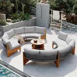 6-Person Outdoor Seating Group with Coffee Table, Half Moon Patio Sectional Sofa Set, All Weather Conversation Sofa Set with Acacia Wood Frame and Thick Cushions for Backyard Poolside (Grey+Acacia) XD Designs
