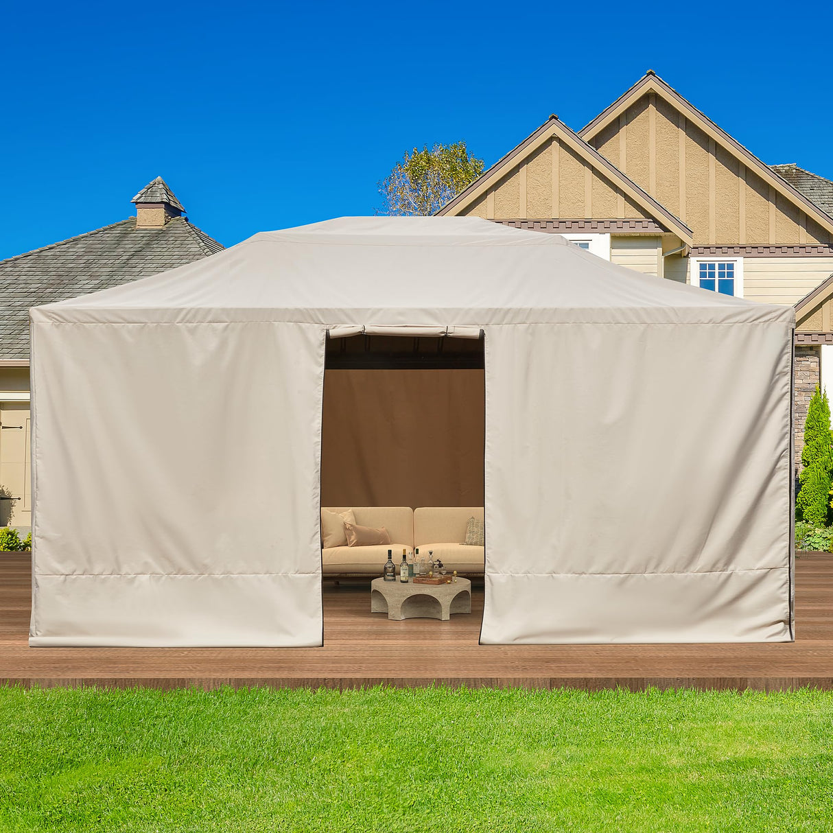 EROMMY Gazebo Cover for 12'x16' Gazebos,Outoor Waterproof Winter Gazebo Cover with Sidewalls and Mesh Windows,Convert Gazebo into a Storage Space,Beige(Gazebo not Included) EROMMY