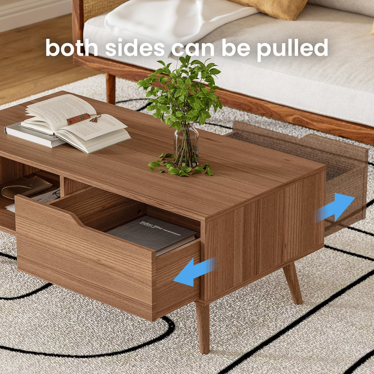 DIYART Brown Coffee Table, Mid Century Modern Coffee Table with Drawer & Shelf, 39'' Wooden Simple Console Table for Living Room DIYART