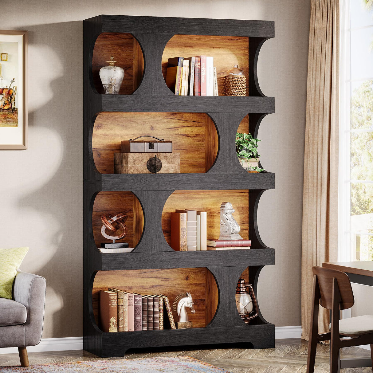 Tribesigns 71" Tall Black Bookcase, Modern Asymmetrical Bookshelf, 4-Tier Freestanding Display Shelf with Classic Shape, Large Library Book Shelf for Living Room, Home Office Tribesigns