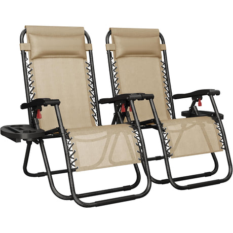 Yaheetech Zero Gravity Recliners Outdoor Adjustable Folding Reclining Lounge Chairs w/Pillows, Cup Holder Trays and Carry Strap for Patio Backyard Beach Beige Set of 2 Yaheetech