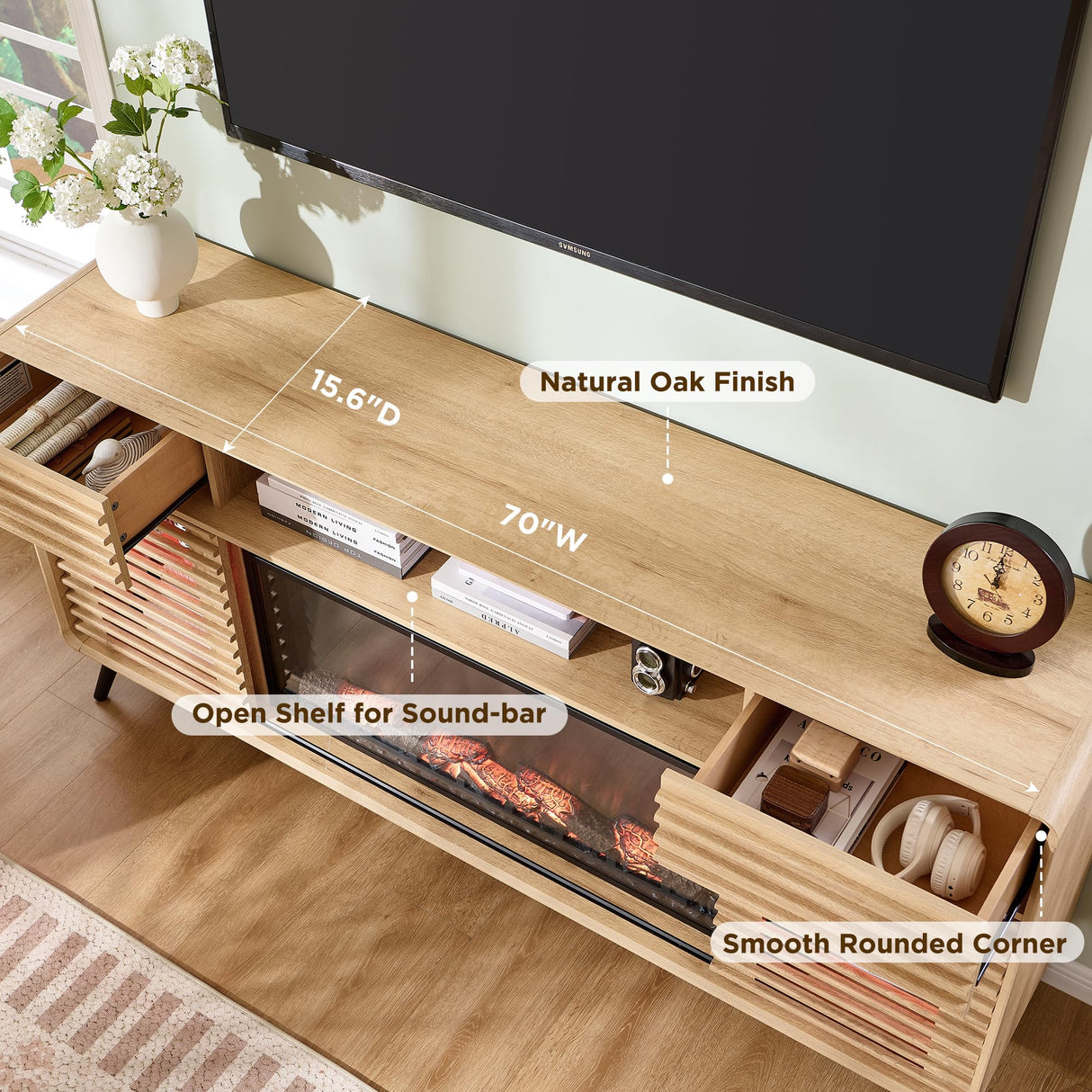 RedLemon Fireplace TV Stand for 80 Inch TV, Mid Century Modern Entertainment Center with 36" Electric Fireplace & Led Lights, Wood Media Console w/Slatted Sliding Doors for Living Room, Natural Oak RedLemon