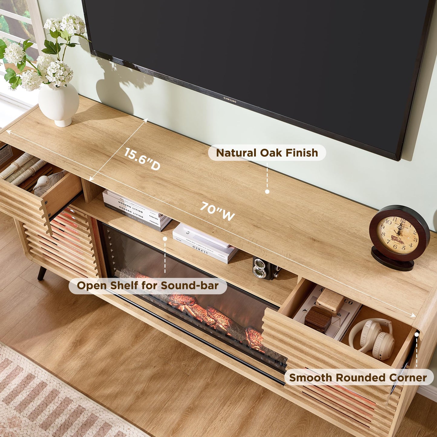 RedLemon Fireplace TV Stand for 80 Inch TV, Mid Century Modern Entertainment Center with 36" Electric Fireplace & Led Lights, Wood Media Console w/Slatted Sliding Doors for Living Room, Natural Oak