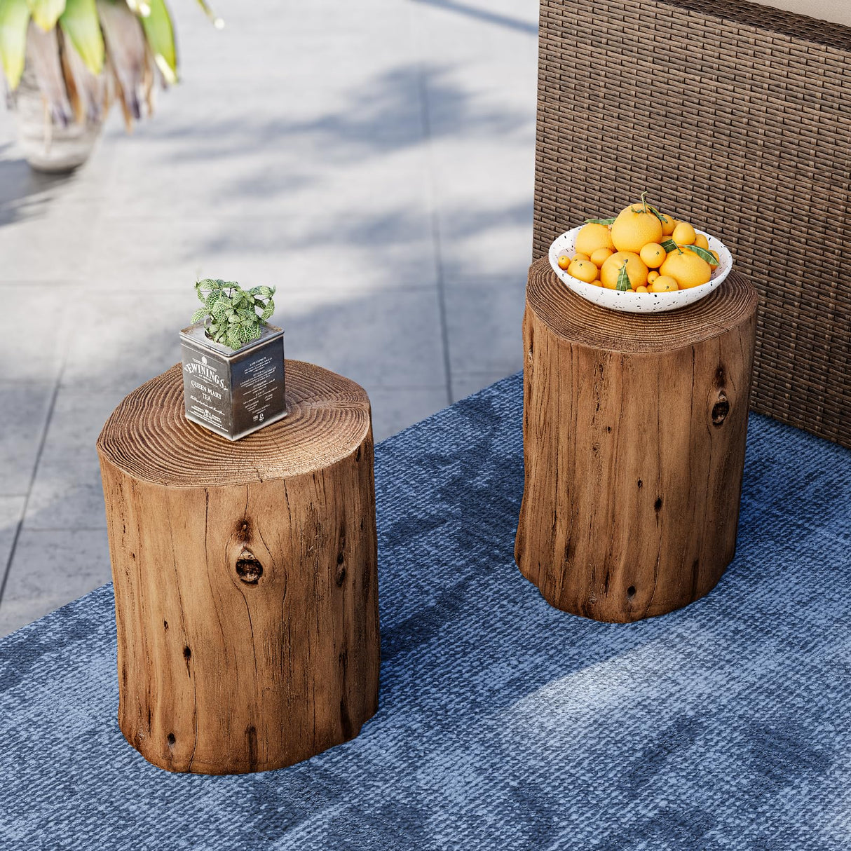SUNBURY Outdoor Stump Side Table, Faux Wooden Concrete Side Table, Tree Stump Wooden Stool, Patio End Table, Round Outdoor Accent Drum Table, Light Brown Ottoman or Plant Stand SUNBURY
