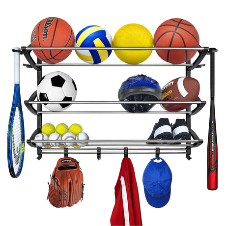 LYNK® Garage Sports Equipment Organizer - Wall Mount Ball Rack - Sports Equipment Storage - Ball Storage for Garage - Garage Toy Storage - Easy to Install Sports Storage Organizer for Garage - Black LYNK