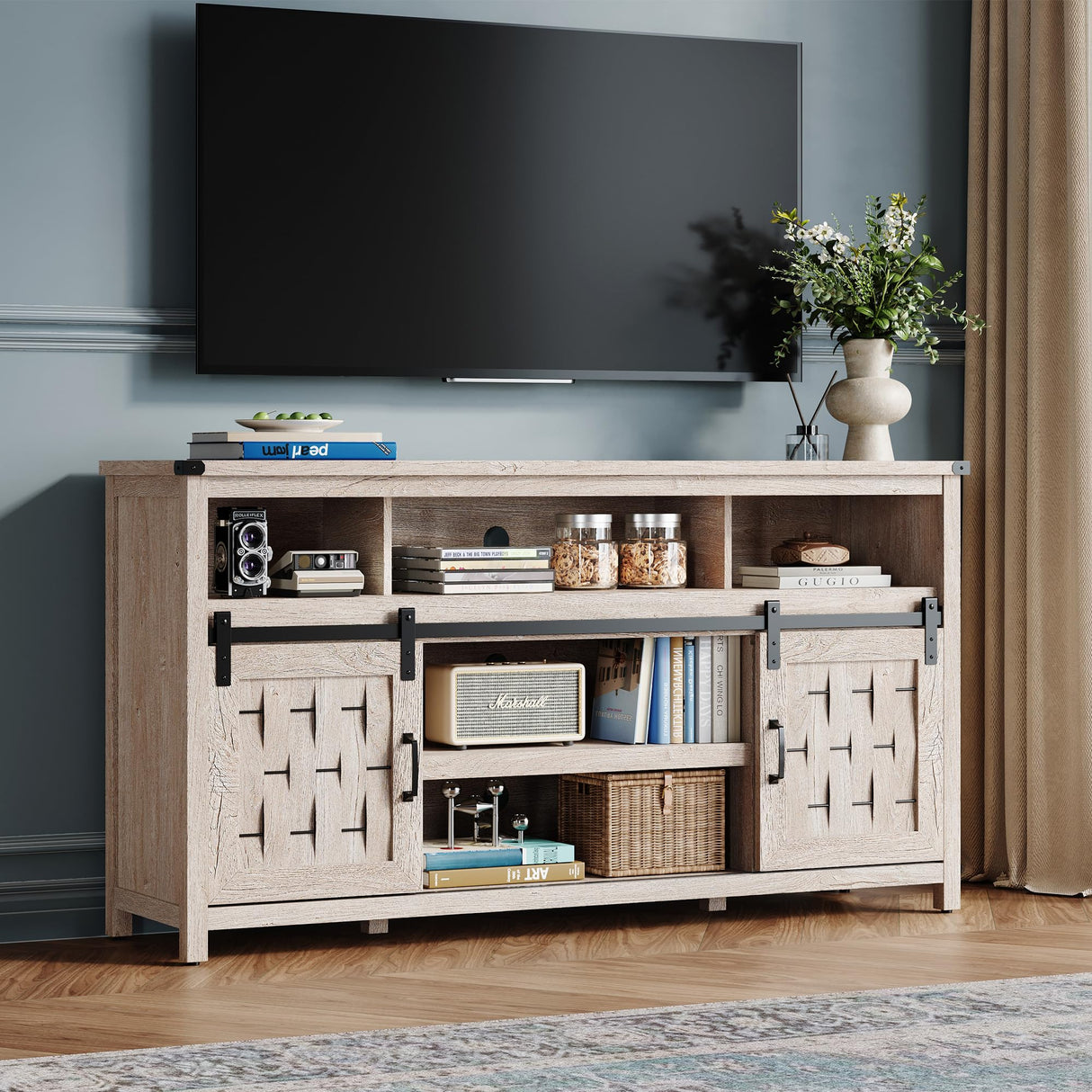 LINSY HOME Farmhouse TV Stand for 65 Inch TV, Tall Highboy Entertainment Center with Sliding Barn Door, Rustic Media Console with Storage Shelves, Wood Television Stand for Living Room, Light Grey LINSY HOME