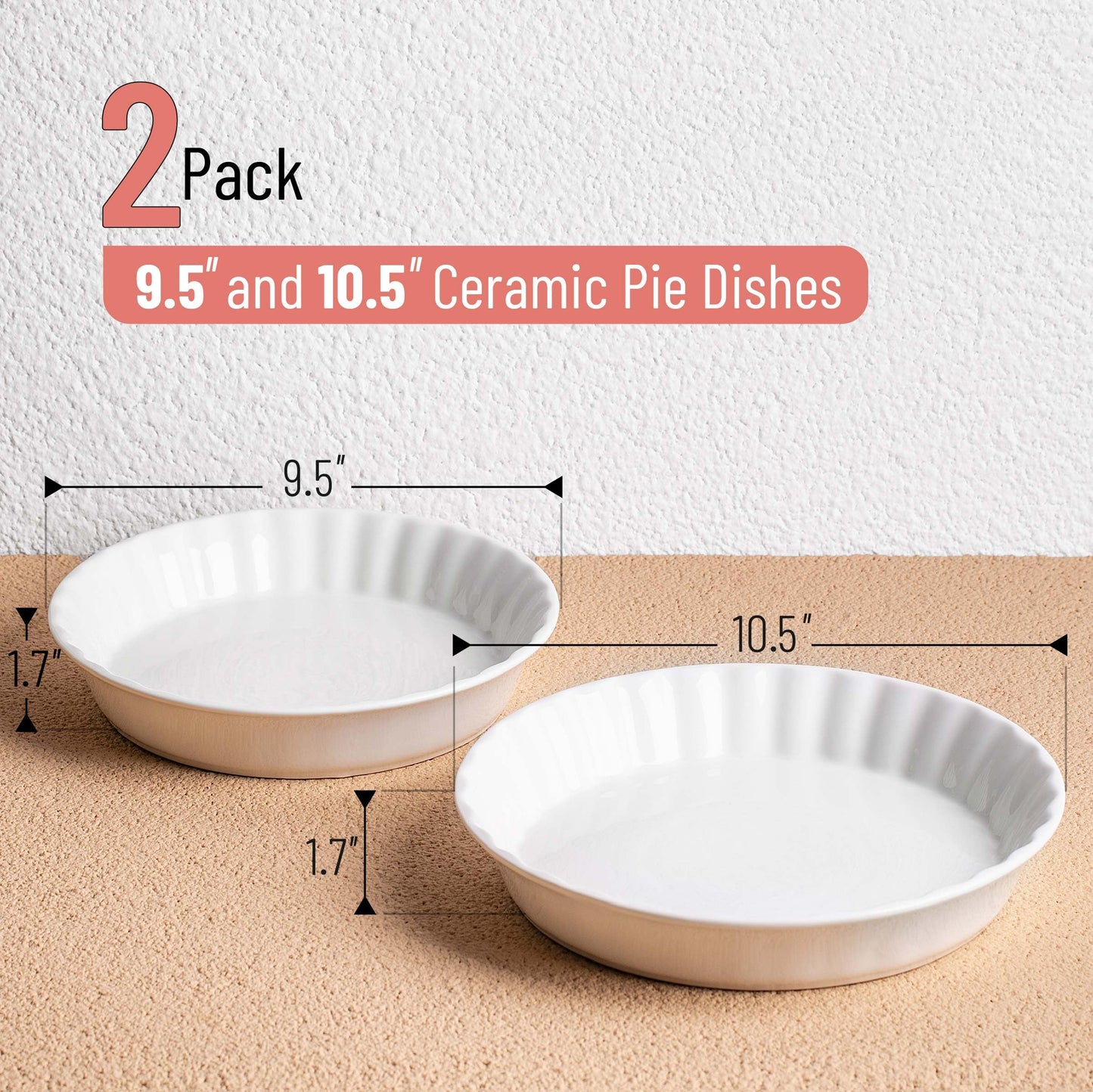 BTAT- Ceramic Pie Dish, 2 pcs, 10.5" and 9.5", White Pie Pans for Baking, Deep Dish Pie Plate, Deep Dish Pie Pan, Deep Pie Dish for Baking, Pie Plates for Baking, Deep Pie Dish, Pie Baking Dish