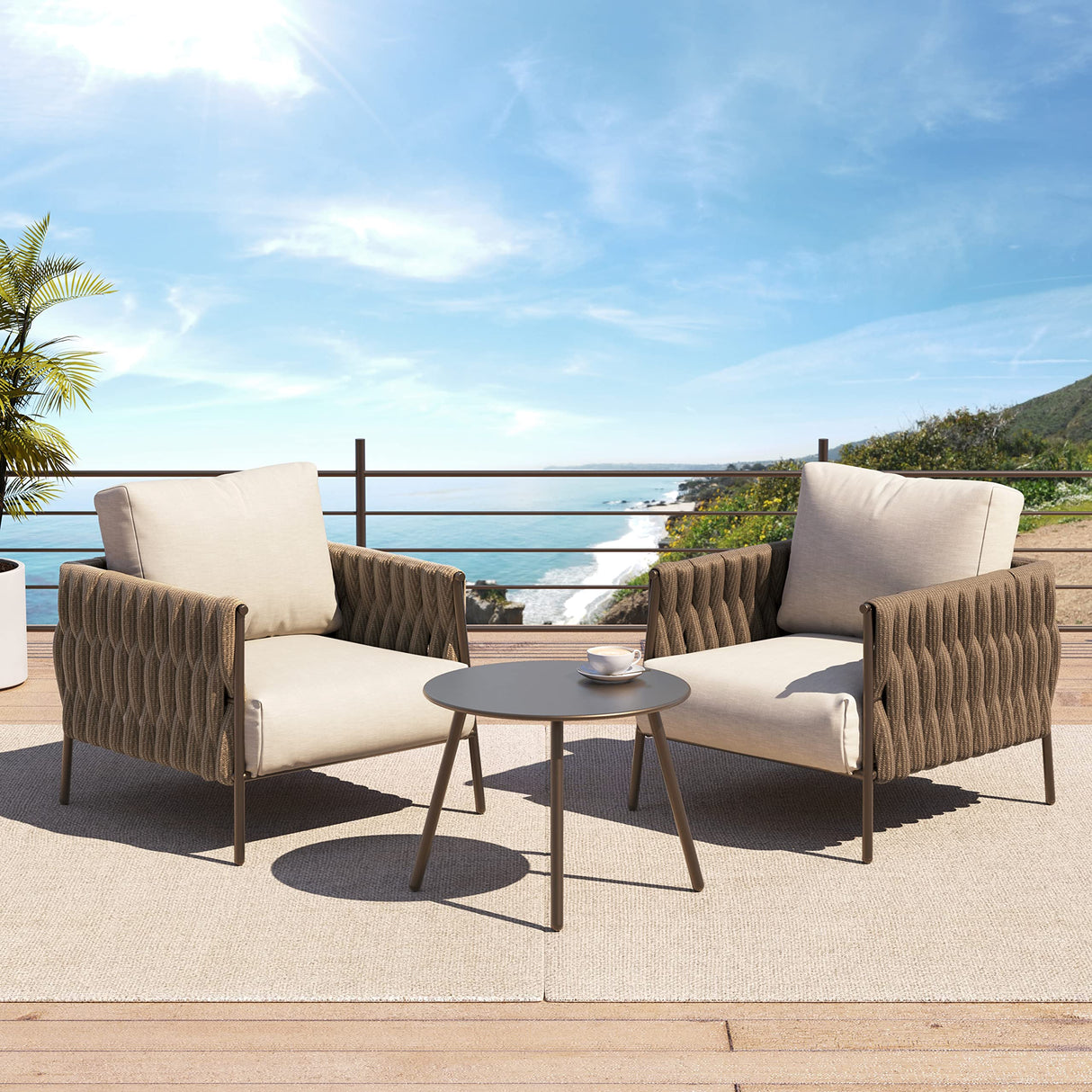 EAST OAK Life Chatter 3-Piece Patio Bistro Set, 2 Armchairs with Thick Cushion & Coffee Table，Deep Seating Patio Furniture for Garden Porch Balcony, Earth Black & Misty Grey EAST OAK