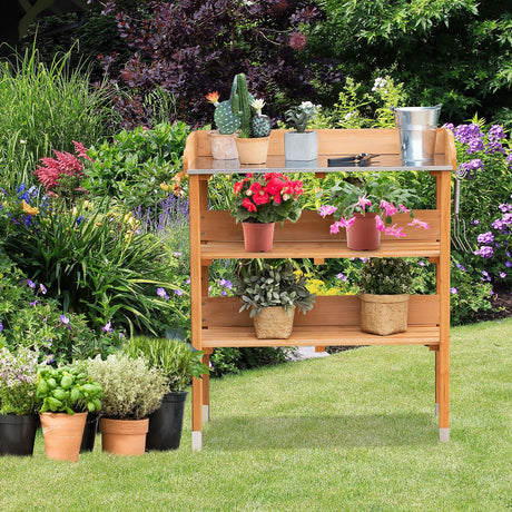 LUARANE Wooden Garden Potting Bench Work Station, 3-Tier Storage Shelf, Metal Tabletop Bonsai Table with 5 Hooks on The Side LDAILY
