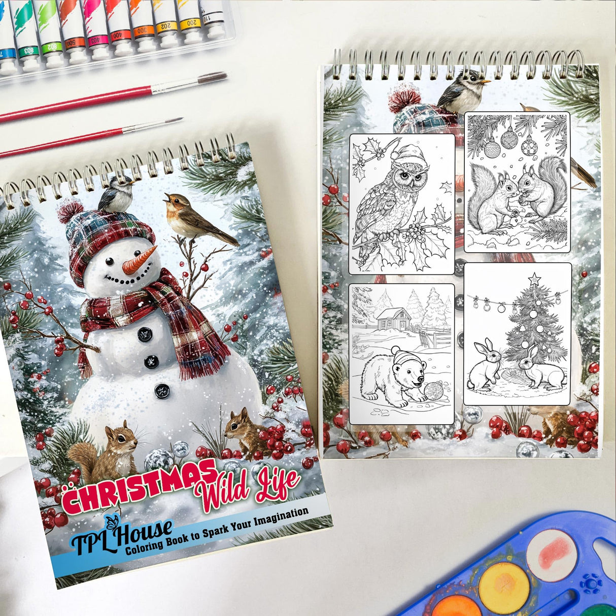 TPLHOUSE Christmas Wild Life Coloring Book Spiral Bound for Adults, Premium Cover, 30 Illustrations Coloring Pages of Animal Wildlife in Holiday Scenes for Stress Relief and Relaxation TPLHOUSE