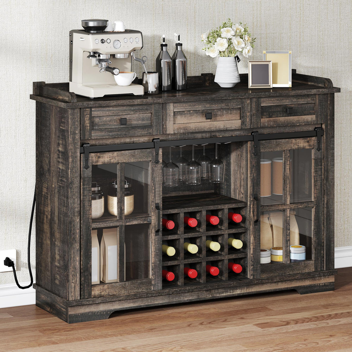 YITAHOME 53" Wine Bar Cabinet for Liquor and Glasses, Farmhouse Kitchen Sideboard Buffet Coffee Bar Cabinets with 3 Drawers and Glass Sliding Barn Door for Kitchen & Living Room, Dark Rustic Oak YITAHOME