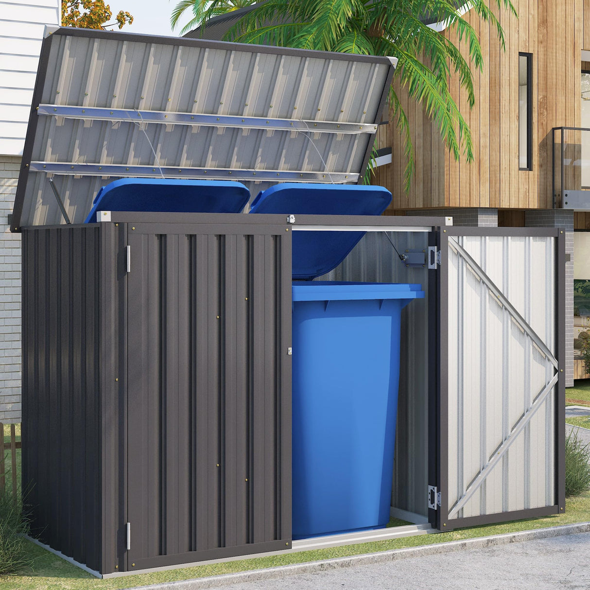 AECOJOY Outdoor Trash Can Storage Shed, 46 Cu.Ft Outside Garbage Can Storage Shed, Dark Grey Outdoor Horizontal Storage Cabinet Waterproof, Bike Sheds & Outdoor Storage Clearance AECOJOY