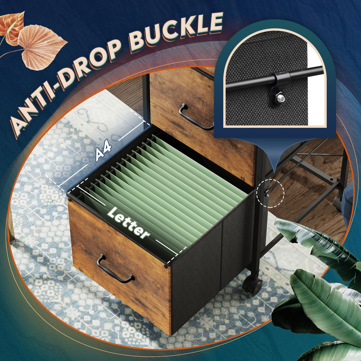 DEVAISE 2 Drawer Mobile File Cabinet, Rolling Printer Stand, Fabric Vertical Filing Cabinet fits A4 or Letter Size for Home Office, Rustic Brown Wood Grain Print DEVAISE