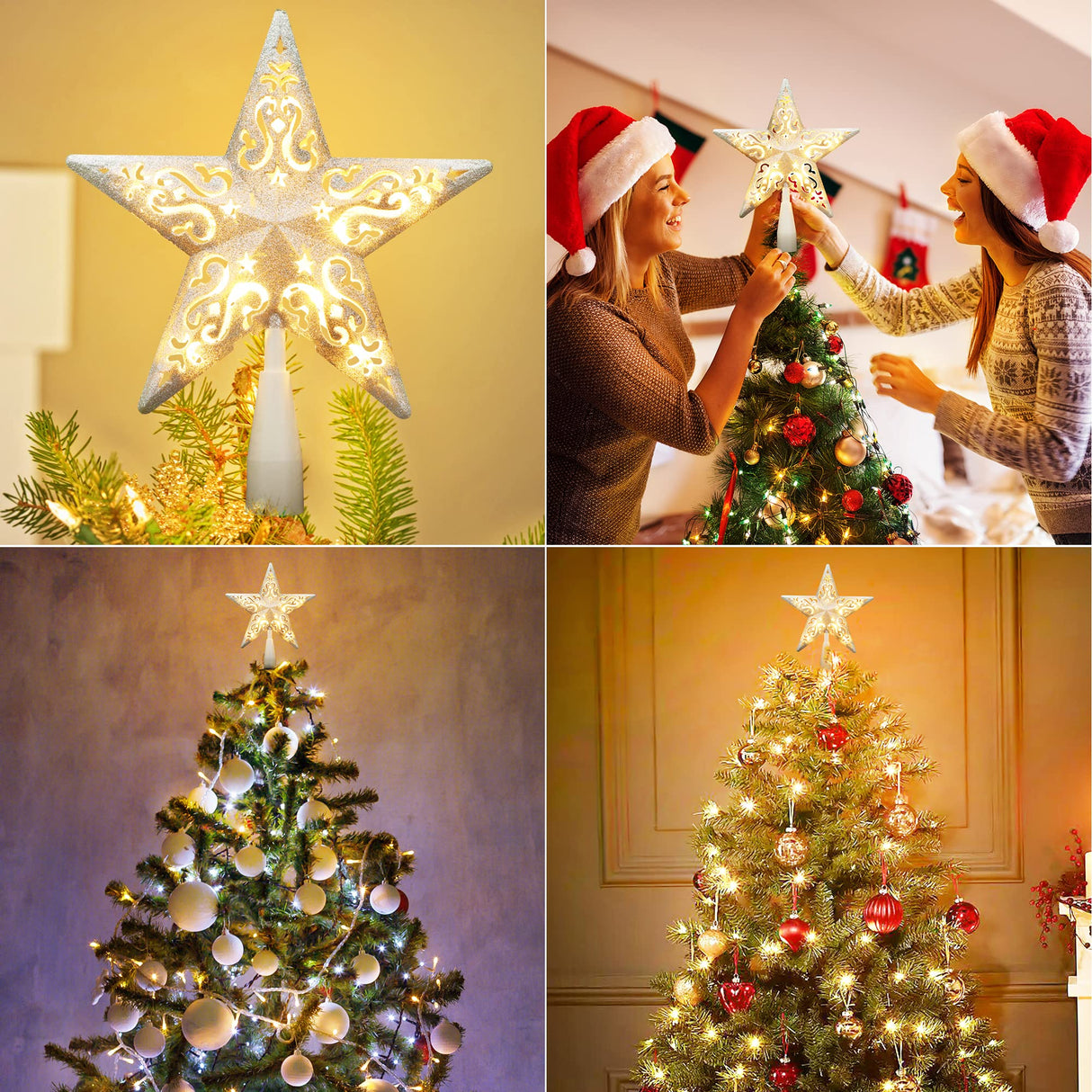 Brizled Star Christmas Tree Topper, 8" Glittered Hollow-Out Tree top Star, Double-Sided 3D Tree Topper with 10 Lights, UL Certified Lighted Xmas Tree Topper for Holiday Christmas Tree Decor, Silver Brizled