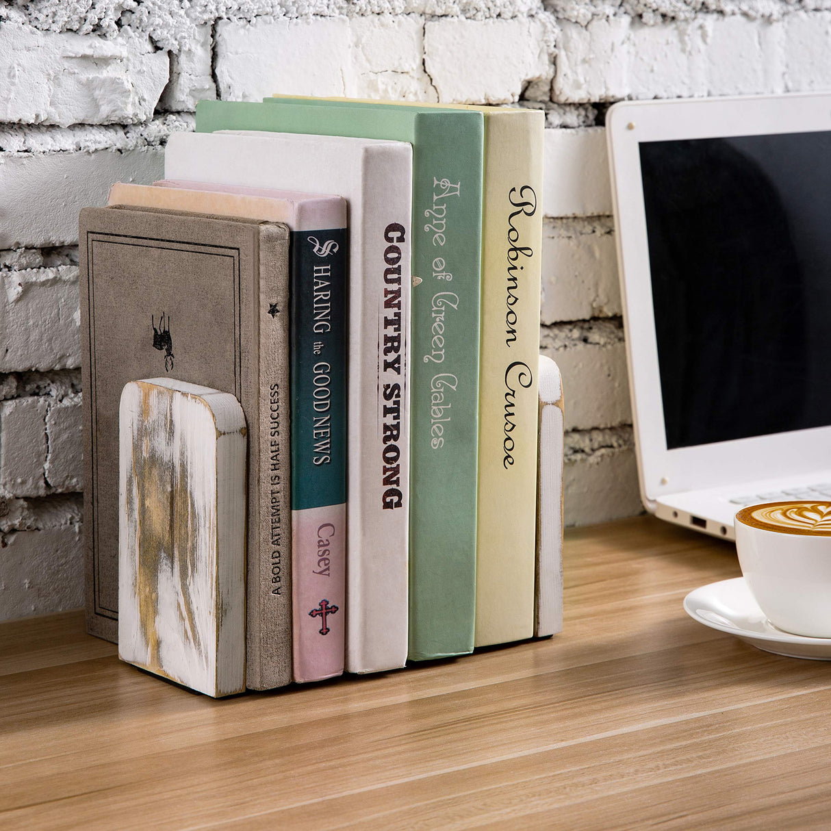 MyGift Whitewashed Wood Desktop Bookends, Decorative Bookshelf Display Organizers Office Book Shelf Decor, 1 Pair MyGift