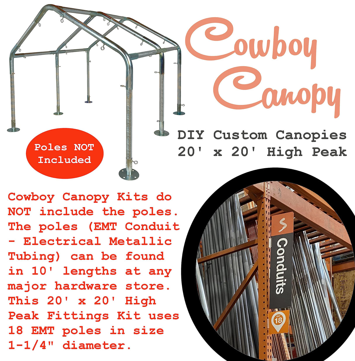 Carport Kit, 20' x 20' High Peak Canopy Fittings, DIY Metal Carport Frame Parts, 1-1/2" EMT Fittings Cowboy Canopy