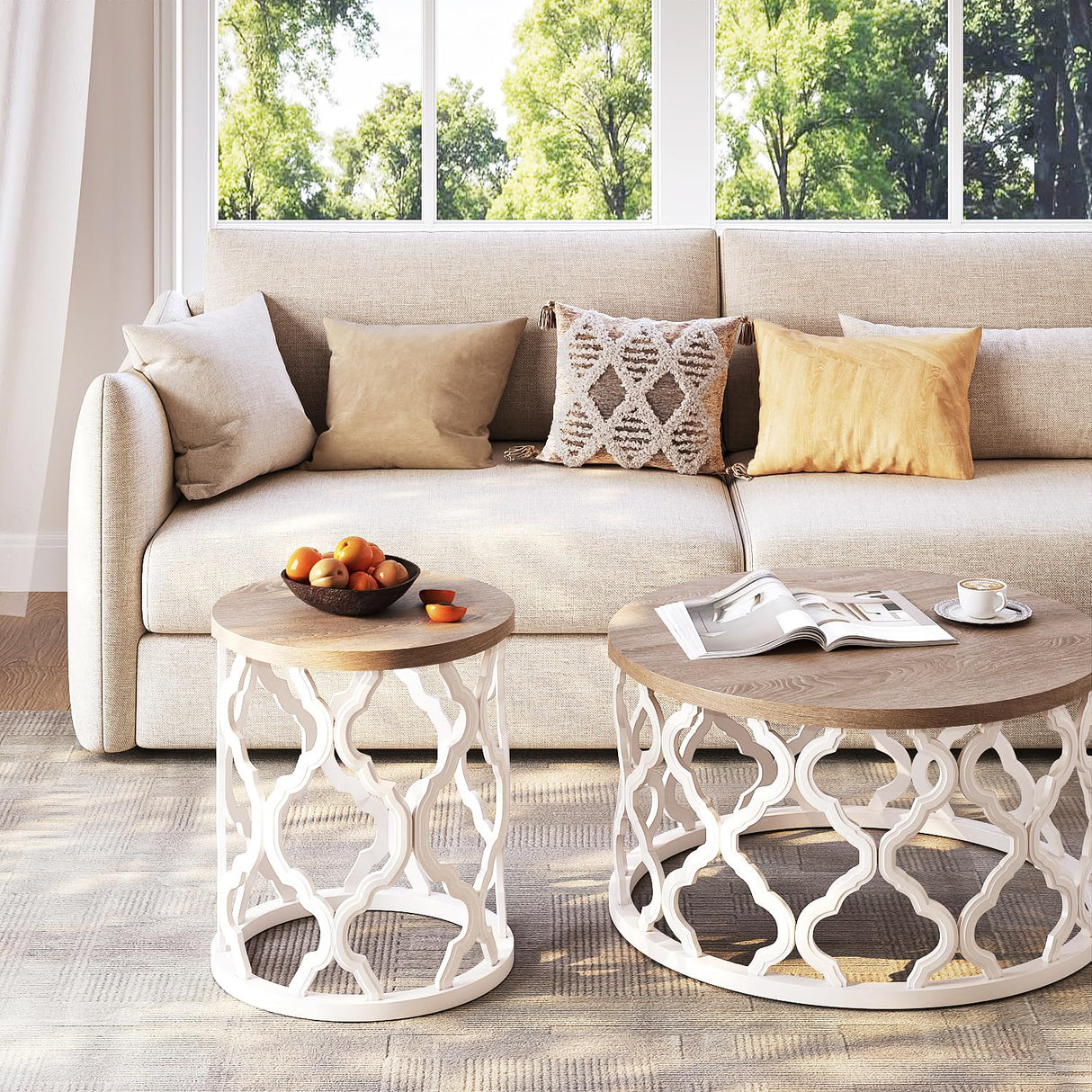 karlott Farmhouse End Table, 17.7'' Round French Country Side Table, Wood Top Side Table with Curved Motif Frame Base for Boho, Living Room, Bedroom, Small Space karlott