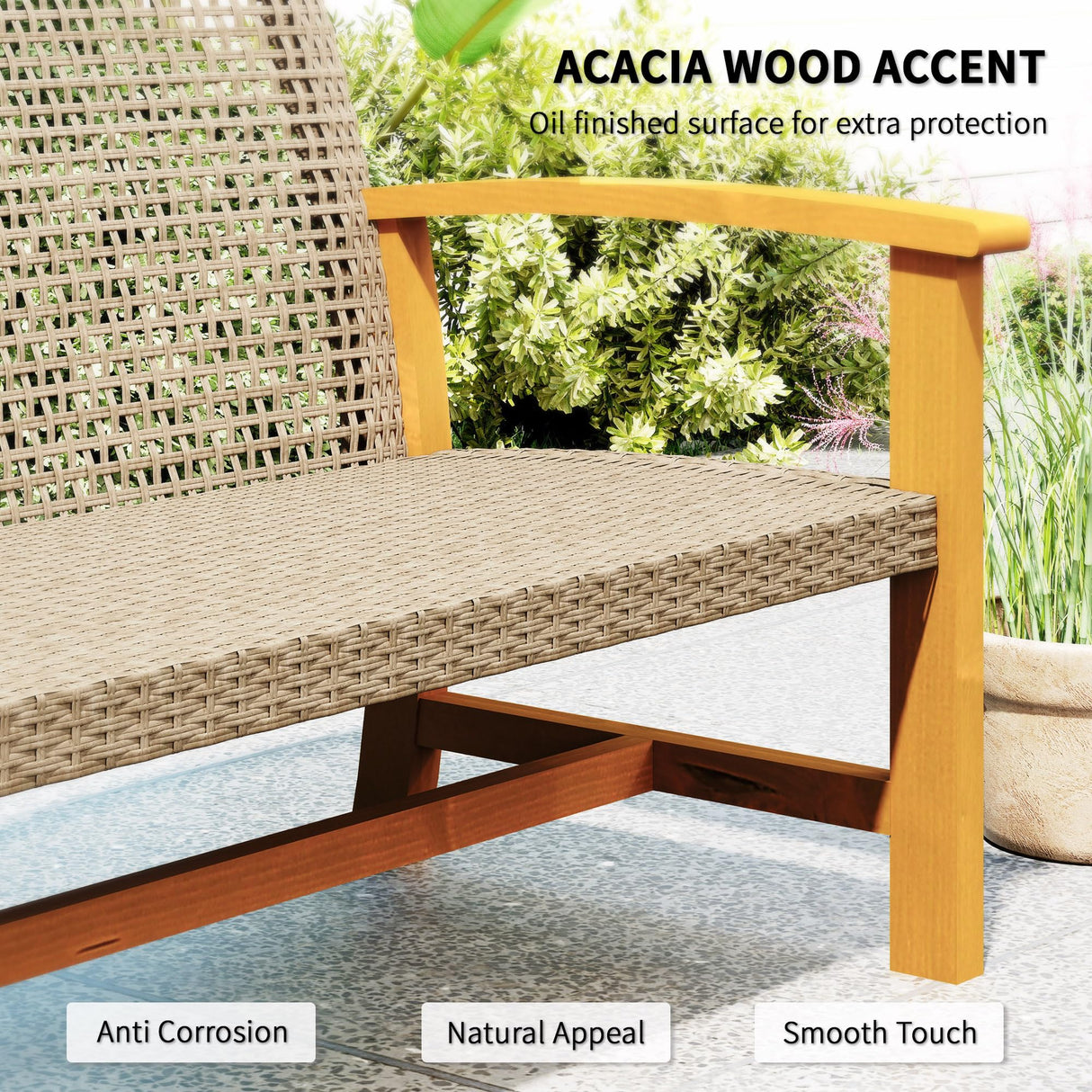 Outsunny Wicker Outdoor Couch, 3-Seat Rattan Outdoor Patio Sofa, 1000 lbs. Capacity, Acacia Wood Patio Furniture Couch with Steel Seat and Armrests for Backyard, Porch, Teak Outsunny