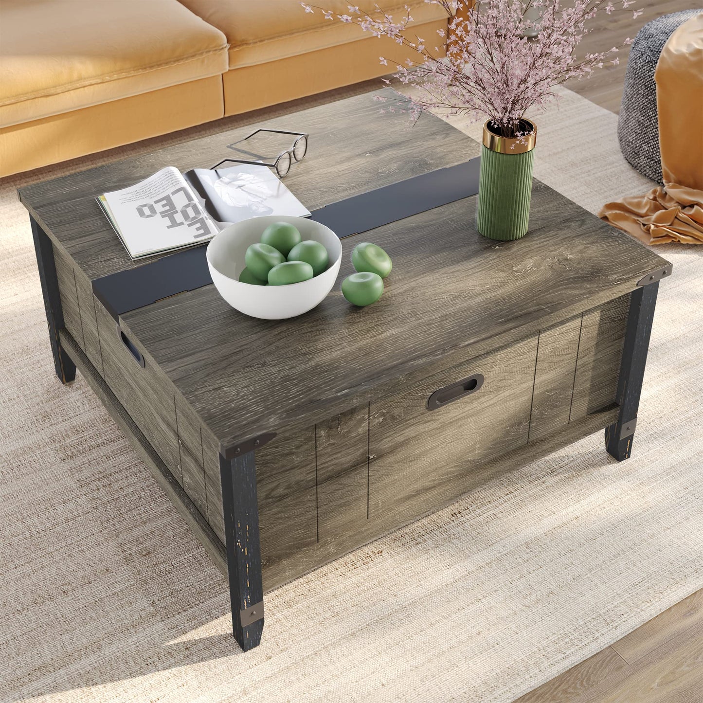 Bestier Square Coffee Table with Storage,Farmhouse Lift Top Coffee Wood Center Table Decor for Living Room Extra Large Hidden Storage，Home Office Furniture Dark Gray - WoodArtSupply