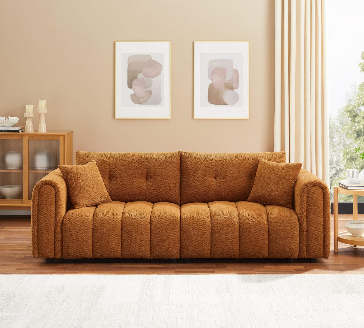 91.5" Modern Boucle Sofa with Deep Seat, Comfortable Upholstered Tufted Cloud Couch, Modern 3 Seater Couches for Living Room, Bedroom, Apartment, Office (Curry) VANOMi