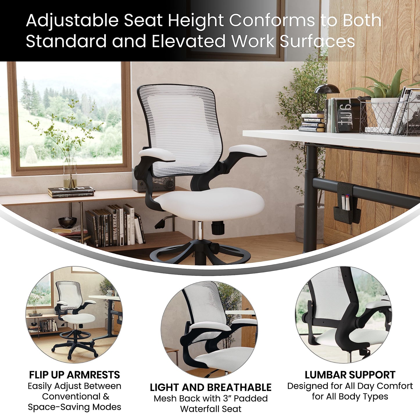 Flash Furniture Kale Mid-Back White Mesh Ergonomic Drafting Chair | Adjustable Foot Ring, Flip-Up Arms