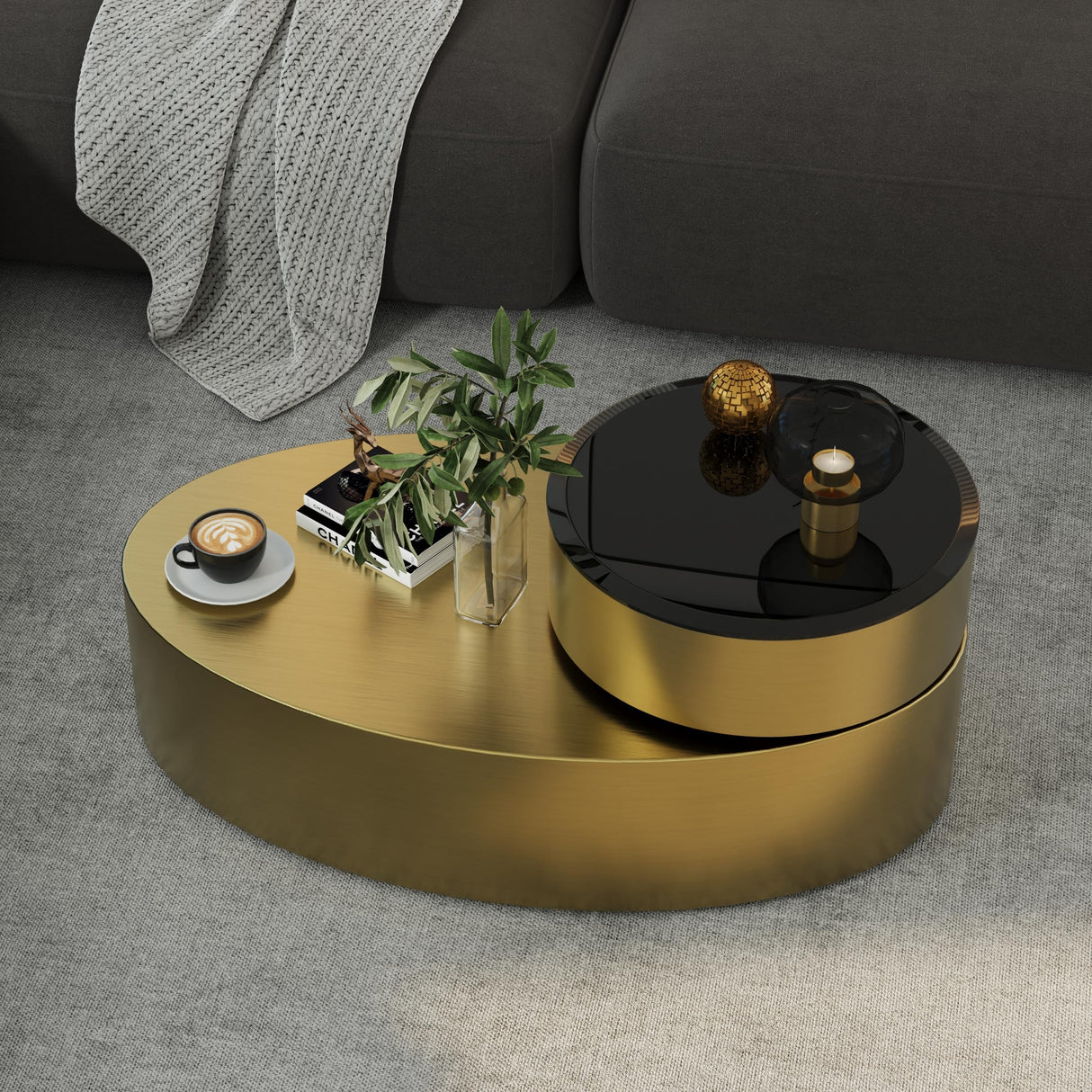 jajaplus Oval Rotating Coffee Table with Tempered Glass Top, 2-Tier Design & 360° Swivel Base, Brushed Gold Finish - Modern Center Table for Living Room, Office, Apartment jajaplus