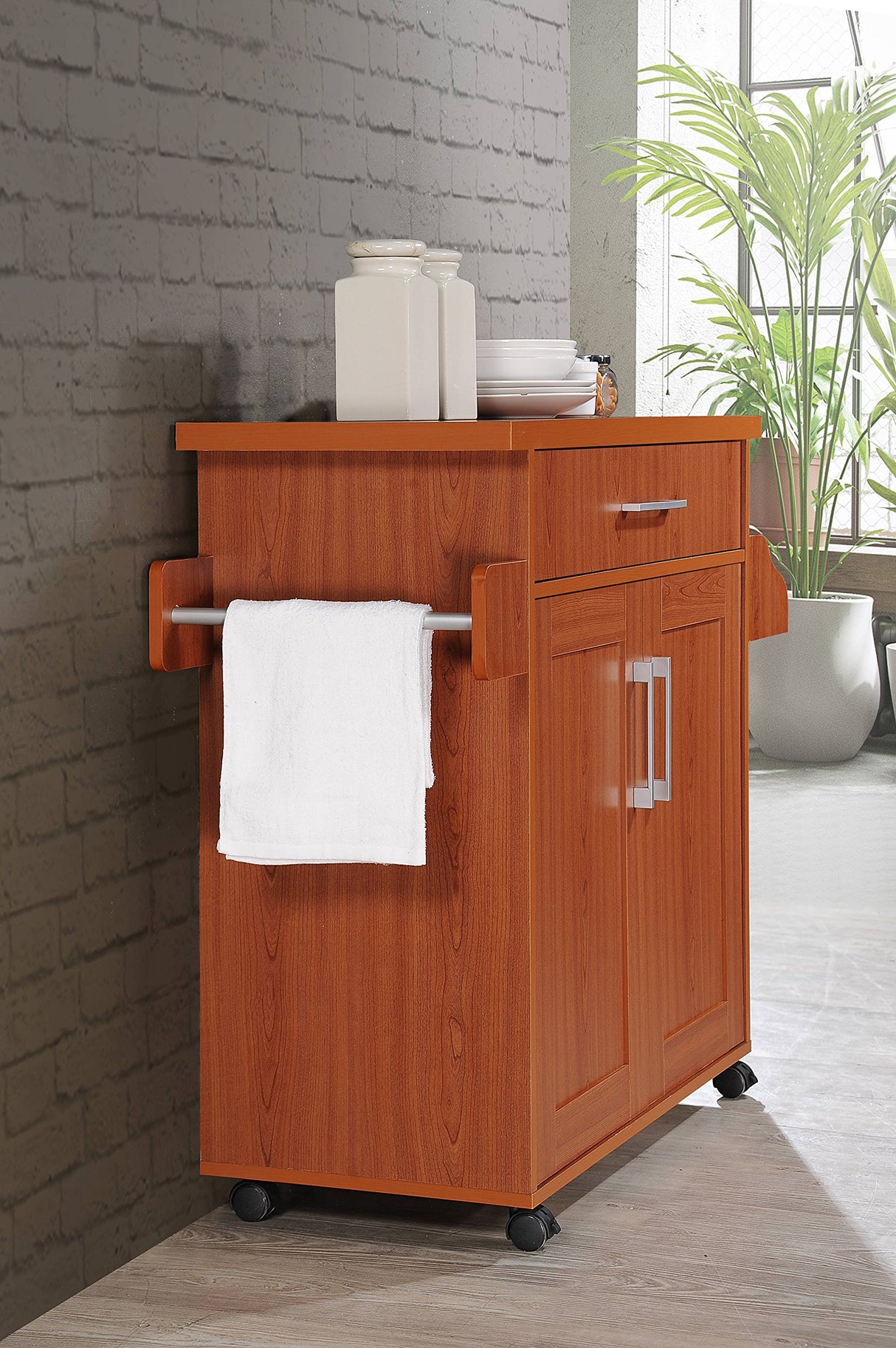 Hodedah Kitchen Island with Spice Rack, Towel Rack & Drawer, Cherry Hodedah