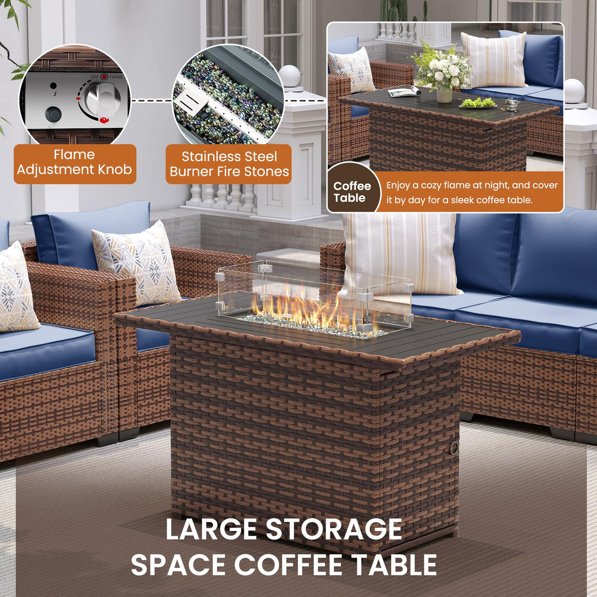UDPATIO Patio Furniture Set with Fire Pit Table, 6 Pieces Outdoor Conversation Sectional Furniture Sets Wicker Rattan Outdoor Sofa Ottoman with Waterproof Covers for Porch Deck Backyard Blue UDPATIO