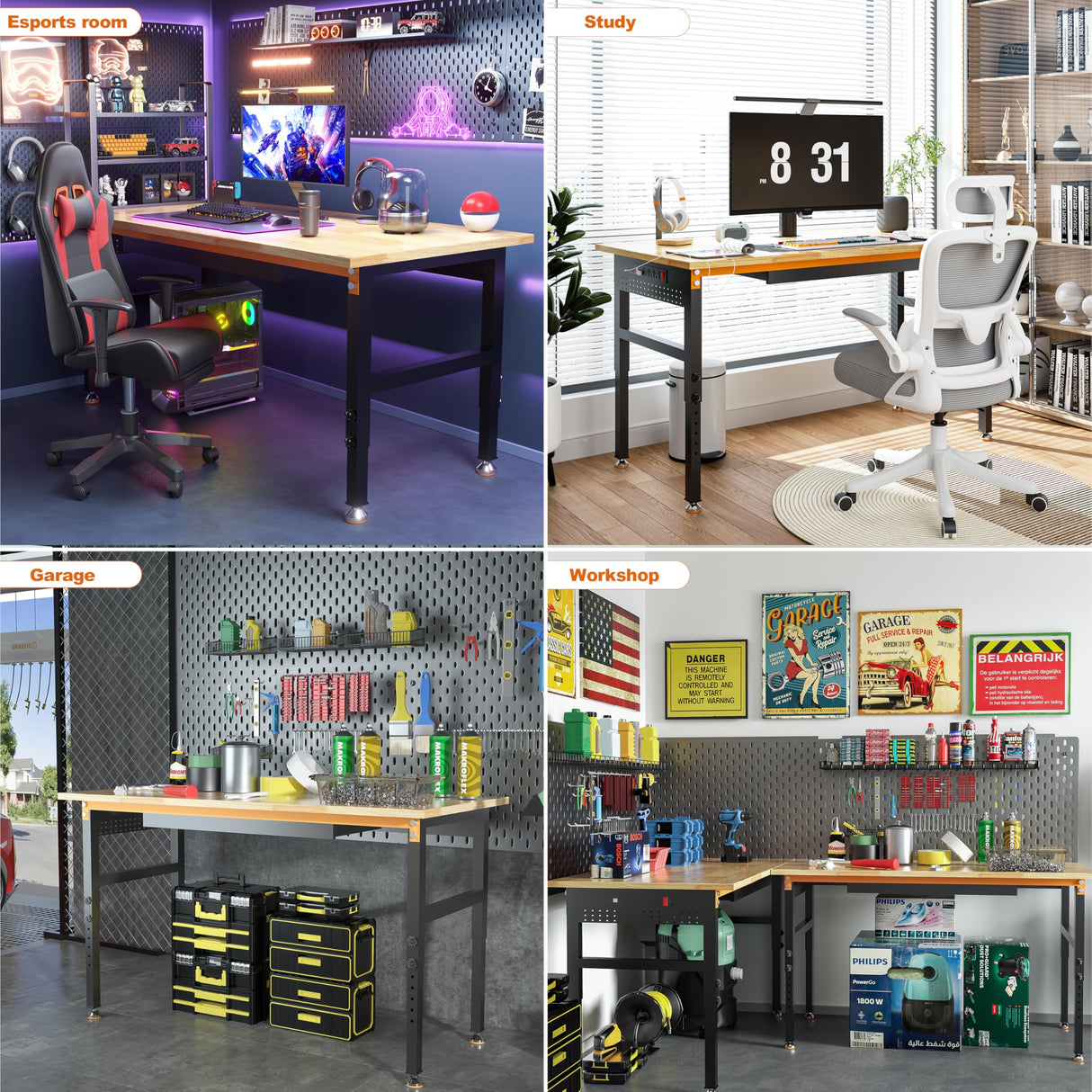 Betterhood 60" Adjustable Height Workbench, 2000 LBS Heavy Duty Work Table with Power Outlets & Pegboard, Rubber Wood Workstation for Garage, Workshop, Office, Home, Commercial Betterhood