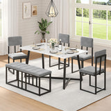 HUGROVE 6-Piece Dining Table Set, 51.18'' Faux Marble Rectangular Table with 4 Velvet Upholstered Dining Chairs and Bench, Modern Kitchen & Dining Room Furniture for Family Gathering (Dark Gray) HUGROVE