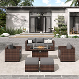 Amopatio Outdoor Patio Furniture Sets, 8 Pieces Wicker Patio Furniture, Outdoor Sectional Patio Couch Set with Ottoman, Outdoor Conversation Set with 44" Gas Fire Pit for Outside (Grey) Amopatio