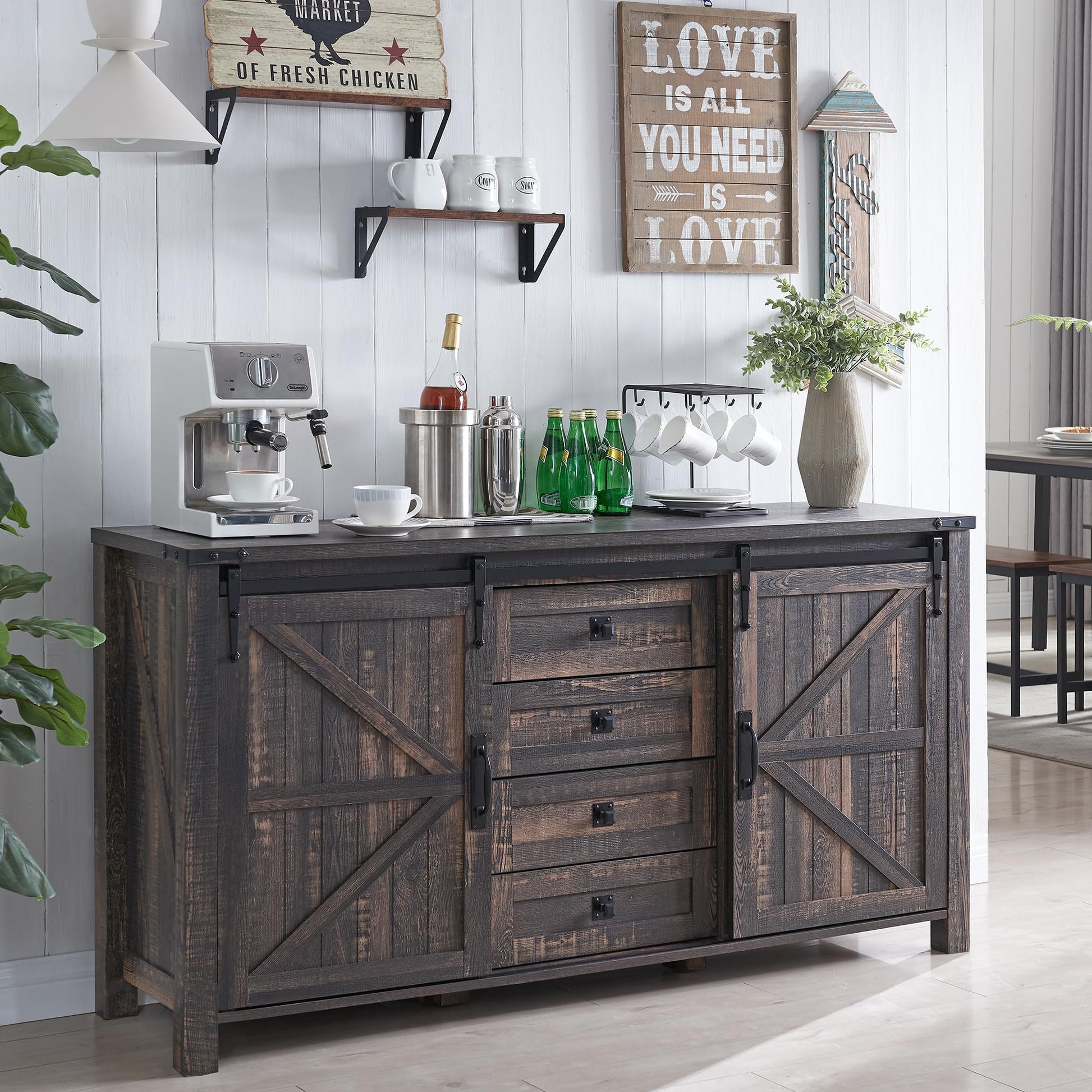 Farmhouse Rustic Sideboard Buffet Cabinet with Sliding Barn Doors and Drawers - 60" Dark Rustic Oak - WoodArtSupply