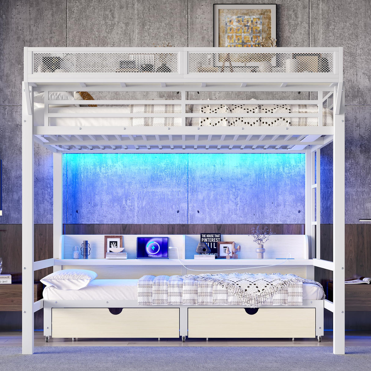 Bellemave Queen Over Queen Bunk Bed Frame with Storage Shelves & Drawers, Metal Bunk Bed Queen Over Queen with Charging Station & LED Lights, Space Saving Beds Frame Convertible to Sofa Design, White Bellemave