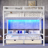 Bellemave Queen Over Queen Bunk Bed Frame with Storage Shelves & Drawers, Metal Bunk Bed Queen Over Queen with Charging Station & LED Lights, Space Saving Beds Frame Convertible to Sofa Design, White Bellemave