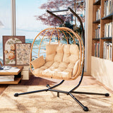 Pamapic 700 LBS Double Egg Chair Outdoor, UV Resistant Cushions Hanging Egg Chair with Armrests & Headrest, Thick Steel Frame Egg Swing Chair with Stand, for Relaxing & Reading Outside/Inside(Beige) Pamapic