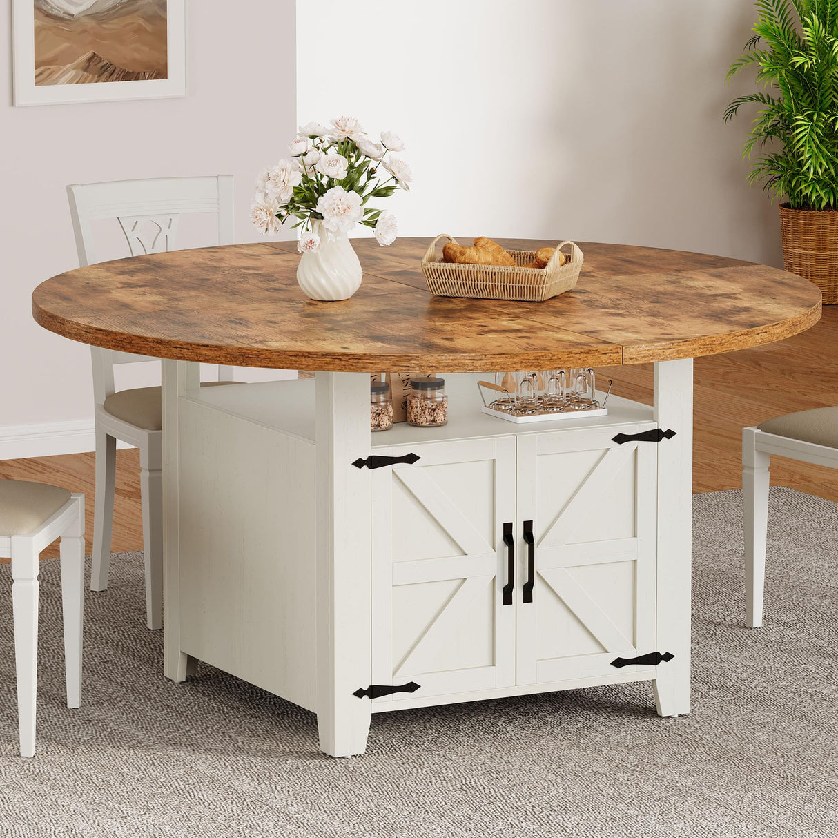 DWVO 55 Inches Round Dining Table for 6-8 People Farmhouse Circle Dining Room Table Large Kitchen Desk with 2 Tier Storage Rack for Kitchen Apartment Resturant, White DWVO