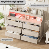 Dresser for Bedroom, 6 Drawer Dresser with LED Lights and Charging Station, Wide Chest of 6 Drawers with Open Space, Modern Large Capacity Storage Cabinet, Living Room, Hallway, Oak GarveeHome