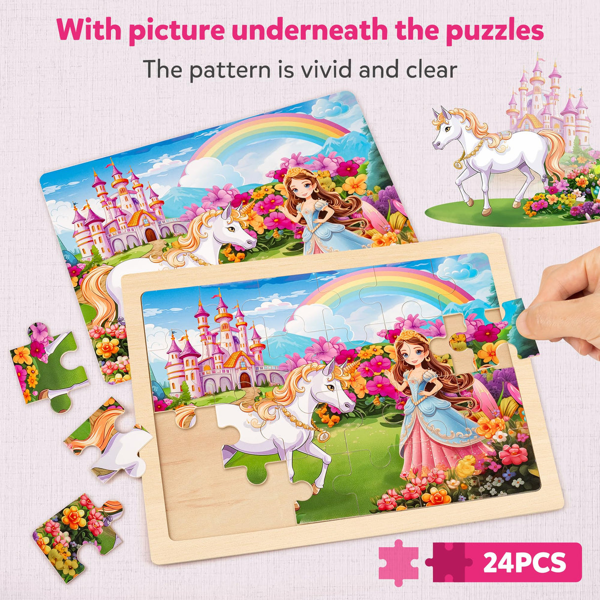 SYNARRY Large Unicorn Princess Fairy Wooden Puzzles for Girls Gift Box(12.2*9.4 in) - FSC Certified, 24 Pcs Puzzles for Kids Ages 4-6, Puzzles for Toddlers 3-5, Unicorn Toys Gifts for 3 4 5 Year Old SYNARRY