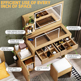 Galasil Fluted Make Up Vanity Desk with Mirror and Lights Chair,Wooden Vanities Desk with Glass top,Oak Vanity, Adjustable Side Cabinet,Modern Dressing Table Set w/Charging Station for Bedroom galasily