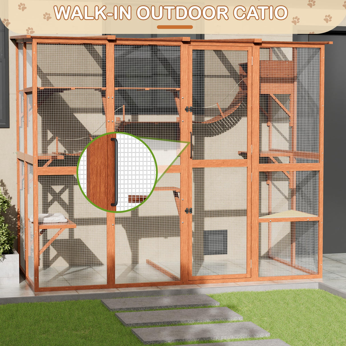 Large Walk-in Catio Wooden cat Houses for Multiple Outdoor Cats, Outdoor cat Enclosure with 4 Bridges & Transparent PVC Roof & sisal Scratcher, Kitty cat Condo Shelters (Orange) QUYZE