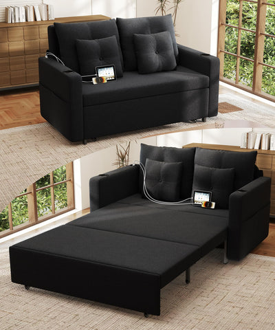 Krcix 3 in 1 Sofa Bed, 56 Inch Convertible Pull Out Couch, Loveseat Sleeper Sofa with Cup Holders, USB, Couch Bed for Living Room, Bedroom, Apartment, Black