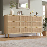 GarveeHome Rattan 9 Drawer Dressers for Bedroom, Tall Dresser with Deep Drawers, Large Chest of Drawers for Closet with Wide Top, Long Wooden Dresser for Living Room, Hallway, Kids Room, Natural GarveeHome
