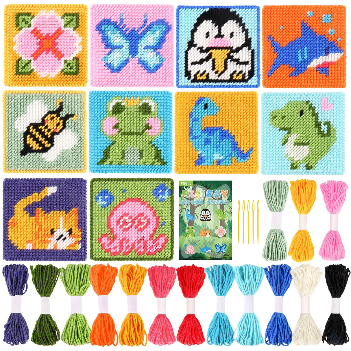 Pllieay 10-in-1 Cross Stitch Beginner Kit for Kids, Embroidery Kit Includes 10pcs Plastic Mesh Canvas with Pattern, 15 Yarns, 5 Weaving Needles, Needle Points Starter Sewing Set with Instructions Pllieay
