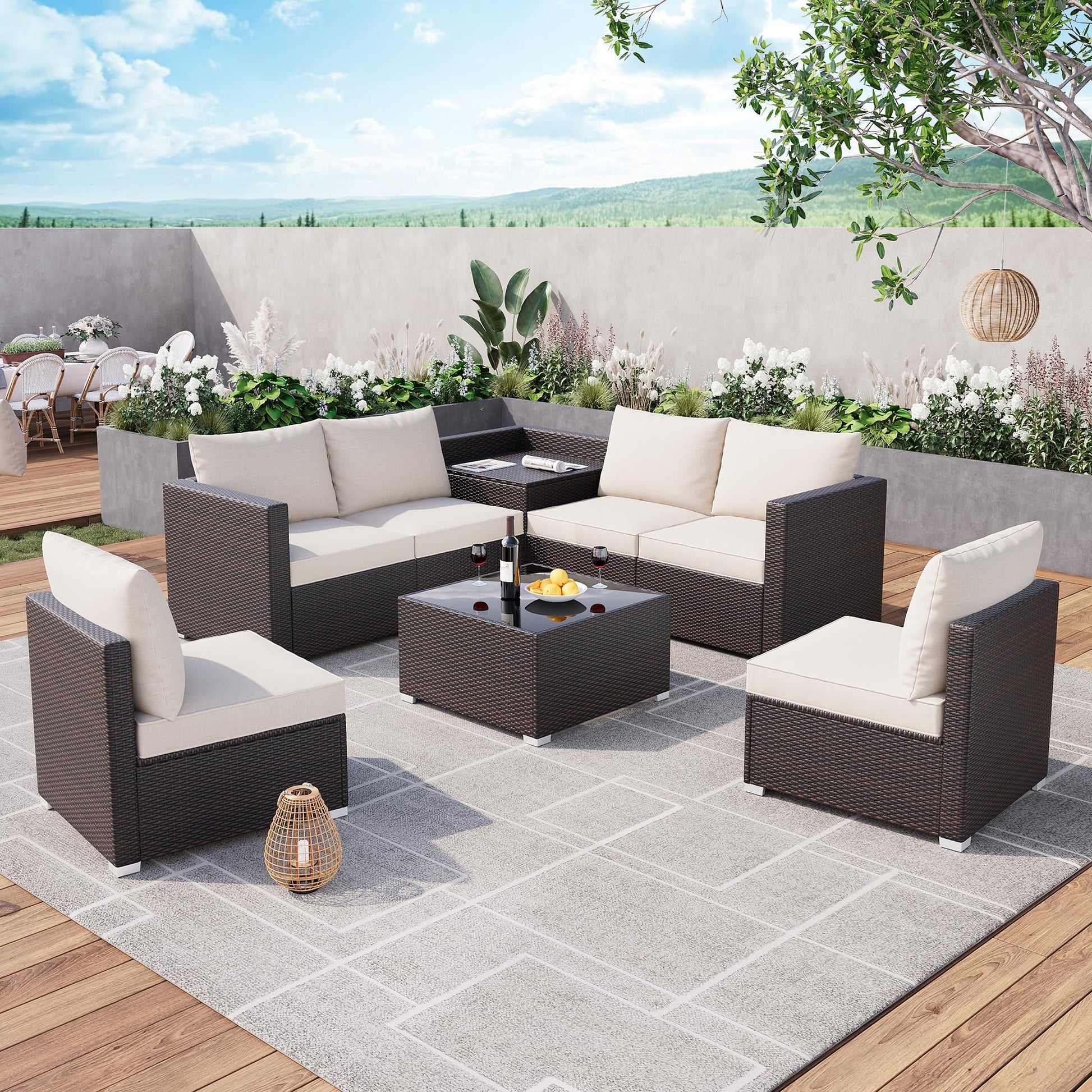 IDEALHOUSE 8 Pieces Outdoor Patio Furniture Set with Storage, 4 Inch Cushions Outdoor Wicker Rattan Patio Furniture Sectional Set with Glass Table and Hidden Storage Box, Brown - WoodArtSupply