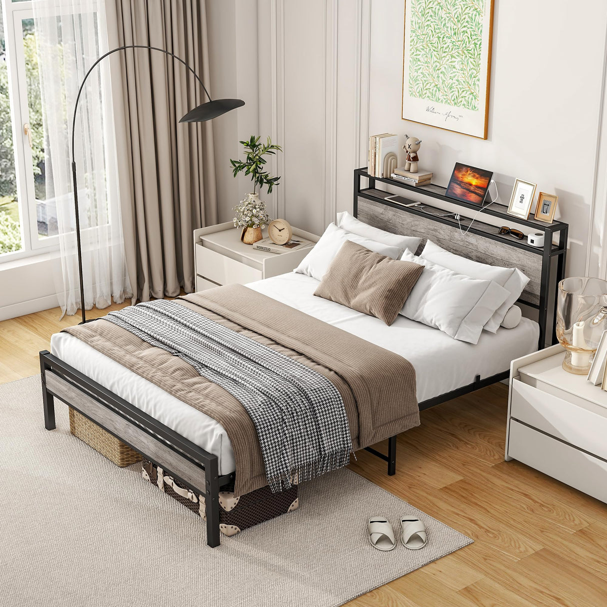 BOFENG Heavy Duty Full Size Bed Frame with Storage Headboard and Charging Station, Grey Oak BOFENG