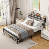 BOFENG Heavy Duty Full Size Bed Frame with Storage Headboard and Charging Station, Grey Oak BOFENG