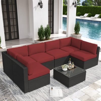 Crownland 7 Pieces Outdoor Patio Furniture Sets, All-Weather Black Wicker Rattan Sectional Sofa, Modern Glass Coffee Table and Washable Seat Cushion with Zipper(Red)