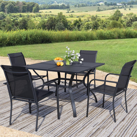 Seekverse 5-Piece Outdoor Dining Set, Square Metal Table with 4 Black Chairs, Black Patio Table with Umbrella Hole for Garden, Yard, Patio Seekverse