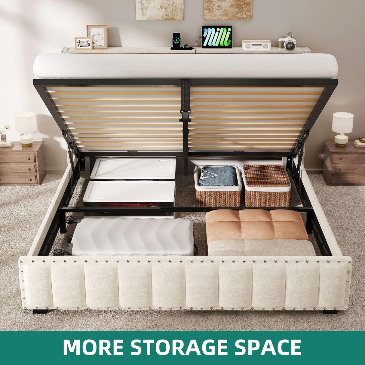 DWVO Queen Size Lift Up Storage Bed Frame with Charging Station, Velvet Upholstered Platform Bed with RGB LED Lights, Storage Headboard, Wingback Rivet Design, No Box Spring Needed, Noise-Free, Beige DWVO